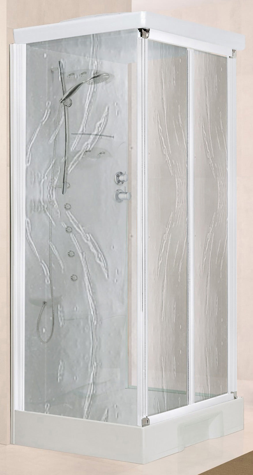 Novellini New Holiday S2F Idromassaggio Con Tettuccio e Soffione 100x80 cm Cabina Doccia Multifunzione Apertura 2 Ante Soffietto e 2 Fisse Laterali Montaggio Muro Miscelatore Meccanico Vetro Aqua Profilo Bianco Asta Rotopioggia Doccetta Altezza 217,5 cm