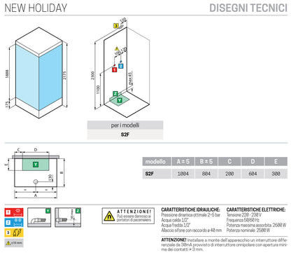 Novellini New Holiday S2F Idromassaggio Con Tettuccio e Soffione 100x80 cm Cabina Doccia Multifunzione Apertura 2 Ante Soffietto e 2 Fisse Laterali Montaggio Muro Miscelatore Meccanico Vetro Aqua Profilo Bianco Asta Rotopioggia Doccetta Altezza 217,5 cm