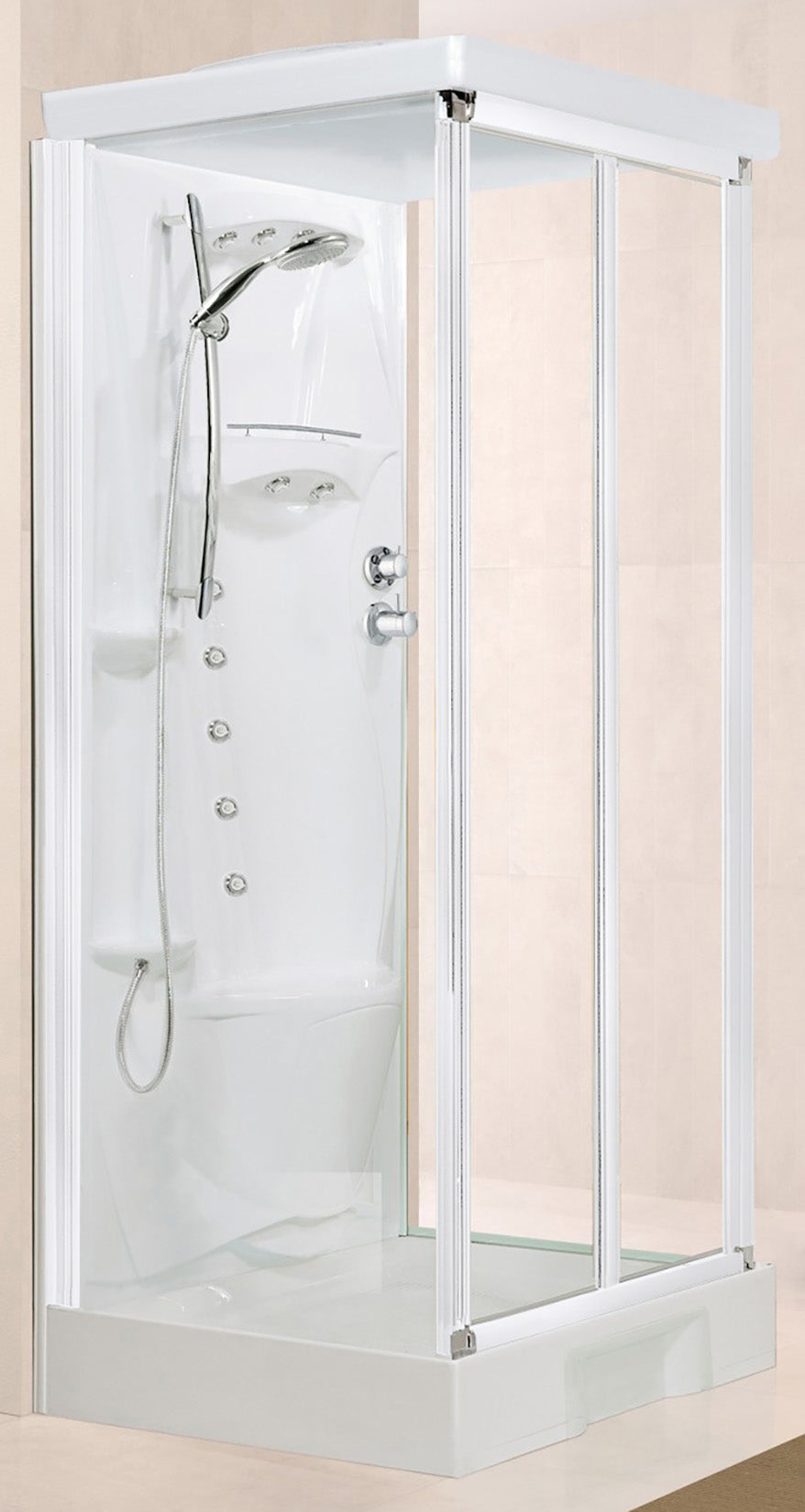 Novellini New Holiday S2F Idromassaggio Con Tettuccio e Soffione 100x80 cm Cabina Doccia Multifunzione Apertura 2 Ante Soffietto e 2 Fisse Laterali Montaggio Muro Miscelatore Termostatico Vetro Trasparente Profilo Bianco Asta Rotopioggia Altezza 217,5 cm