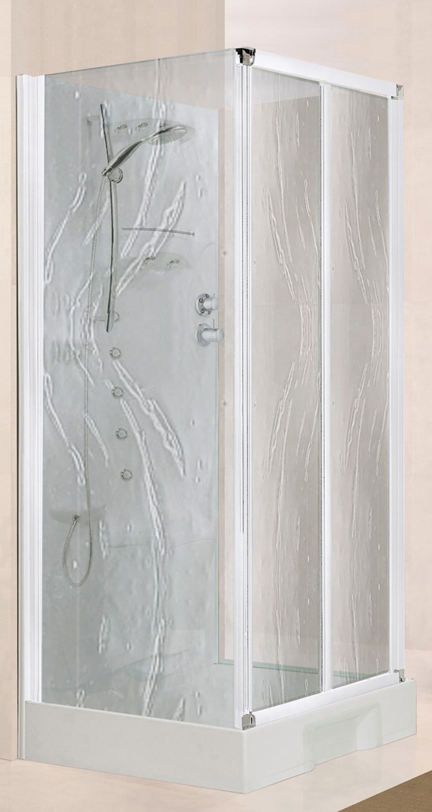 Novellini New Holiday S2F Idromassaggio 100x80 cm Cabina Doccia Multifunzione Apertura 2 Ante Soffietto 2 Fisse Laterali Montaggio Muro Miscelatore Meccanico Vetro Aqua Profilo Bianco Piatto Ripiani Asta Doccetta Mano Rotopioggia Seduta Altezza 206 cm
