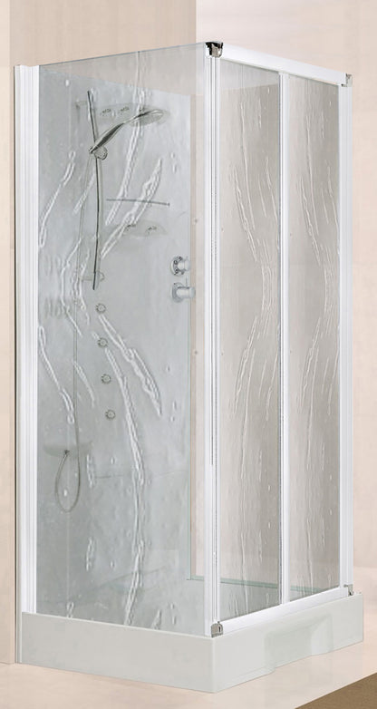 Novellini New Holiday S2F Idromassaggio 100x80 cm Cabina Doccia Multifunzione Apertura 2 Ante Soffietto 2 Fisse Laterali Montaggio Muro Miscelatore Meccanico Vetro Aqua Profilo Bianco Piatto Ripiani Asta Doccetta Mano Rotopioggia Seduta Altezza 206 cm