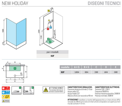 Novellini New Holiday S2F Idromassaggio 100x80 cm Cabina Doccia Multifunzione Apertura 2 Ante Soffietto 2 Fisse Laterali Montaggio Muro Miscelatore Termostatico Vetro Aqua Profilo Silver Piatto Ripiani Asta Doccetta Mano Rotopioggia Seduta Altezza 206 cm