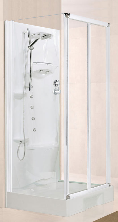 Novellini New Holiday S2F Idromassaggio 100x80 cm Cabina Doccia Multifunzione Apertura 2 Ante Soffietto 2 Fisse Laterali Montaggio Muro Miscelatore Termostatico Vetro Trasparente Profilo Bianco Piatto Ripiani Doccetta Mano Rotopioggia Seduta Altezza 206cm