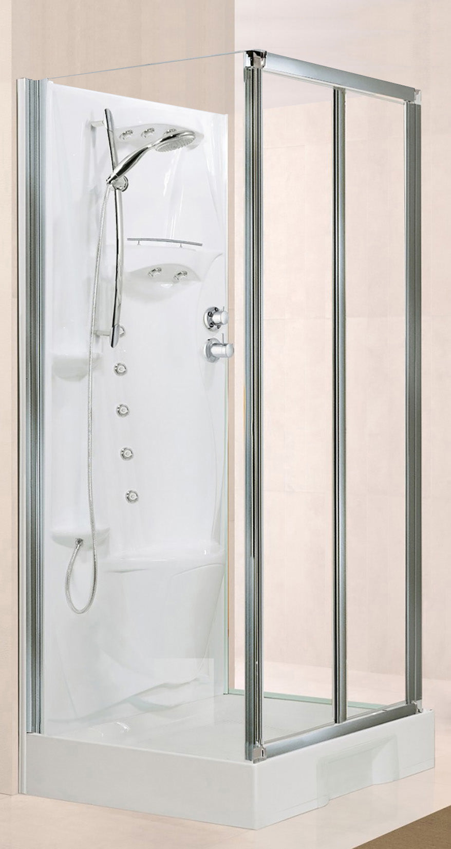 Novellini New Holiday S2F Idromassaggio 100x80 cm Cabina Doccia Multifunzione Apertura 2 Ante Soffietto 2 Fisse Laterali Montaggio Muro Miscelatore Termostatico Vetro Trasparente Profilo Silver Piatto Ripiani Doccetta Mano Rotopioggia Seduta Altezza 206cm