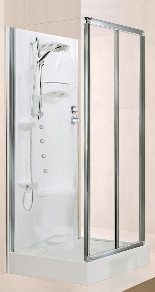 Novellini New Holiday S2F Idromassaggio 100x80 cm Cabina Doccia Multifunzione Apertura 2 Ante Soffietto 2 Fisse Laterali Montaggio Muro Miscelatore Termostatico Vetro Trasparente Profilo Silver Piatto Ripiani Doccetta Mano Rotopioggia Seduta Altezza 206cm