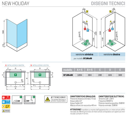 Novellini New Holiday SF Idromassaggio 100x80 cm Cabina Doccia Multifunzione Apertura 2 Ante Soffietto 1 Parete Fissa Laterale Pannelli Reversibili Miscelatore Termostatico Vetro Aqua Profilo Silver Piatto Ripiani Asta Doccetta Rotopioggia Altezza 206 cm