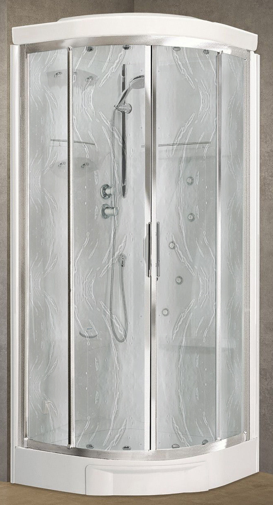 Novellini New Holiday R90 Hammam 90x90cm Cabina Doccia Multifunzione Tonda 2 Ante Scorrevoli Angolo Destro Sinistro Miscelatore Termostatico Vetro Aqua Profilo Silver Idro Sauna Tettuccio Soffione Radio Telecomando Asta Saliscendi Doccetta Altezza 225,5cm