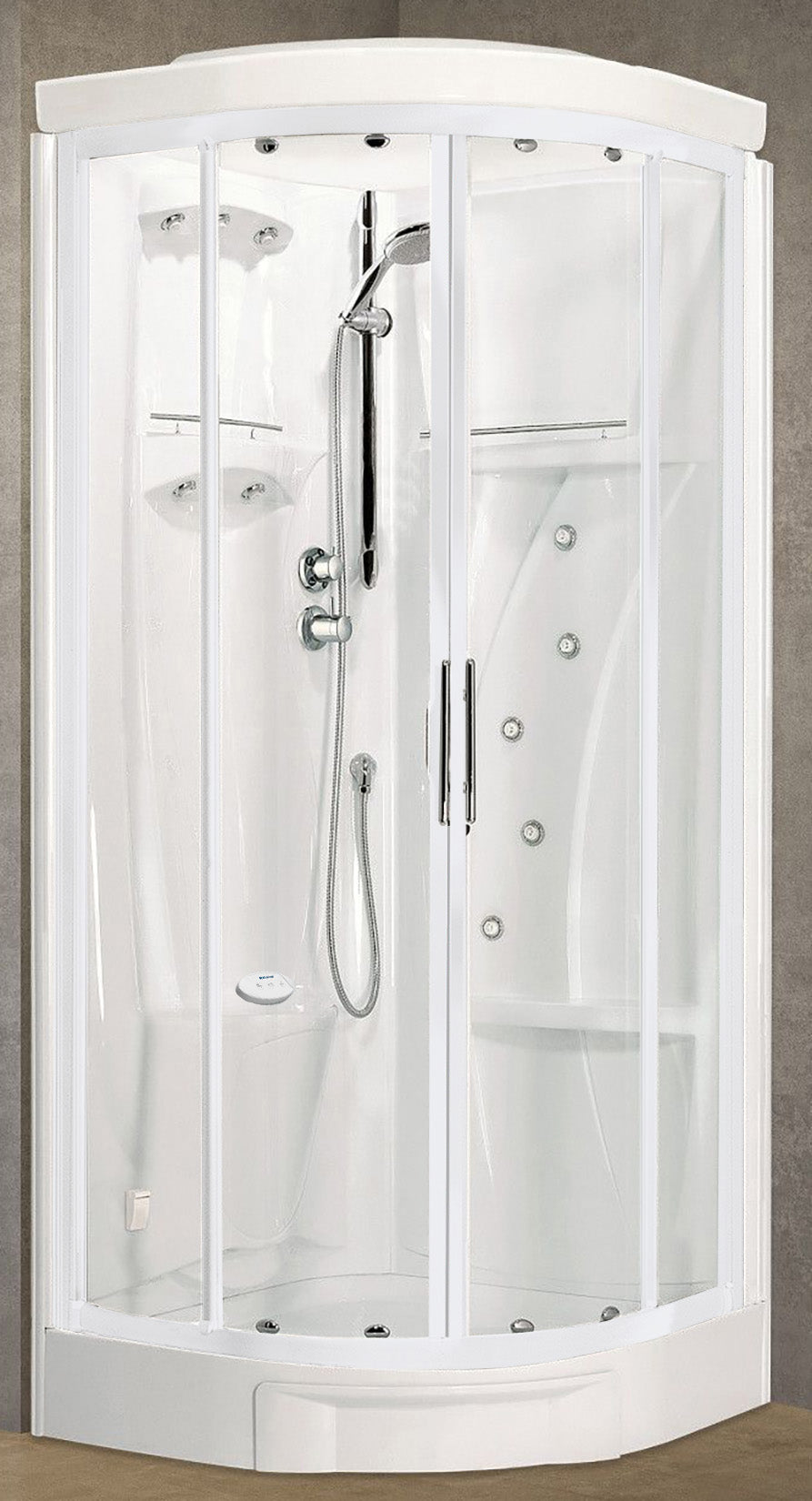 Novellini New Holiday R90 Hammam 90x90 cm Cabina Doccia Multifunzione Tonda 2 Ante Scorrevoli Angolo Destro Sinistro Miscelatore Termostatico Vetro Trasparente Profilo Bianco Idro Sauna Tettuccio Soffione Radio Telecomando Asta Doccetta Altezza 225,5 cm