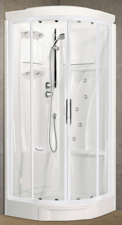 Novellini New Holiday R90 Hammam 90x90 cm Cabina Doccia Multifunzione Tonda 2 Ante Scorrevoli Angolo Destro Sinistro Miscelatore Termostatico Vetro Trasparente Profilo Bianco Idro Sauna Tettuccio Soffione Radio Telecomando Asta Doccetta Altezza 225,5 cm