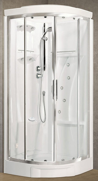 Novellini New Holiday R90 Hammam 90x90 cm Cabina Doccia Multifunzione Tonda 2 Ante Scorrevoli Angolo Destro Sinistro Miscelatore Termostatico Vetro Trasparente Profilo Silver Idro Sauna Tettuccio Soffione Radio Telecomando Asta Doccetta Altezza 225,5 cm