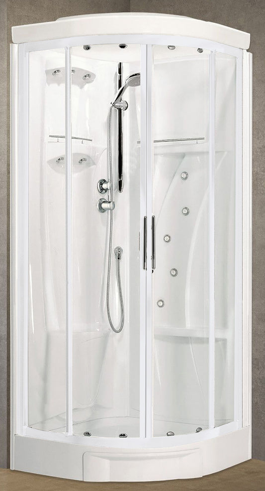 Novellini New Holiday R90 Idromassaggio Con Tettuccio e Soffione 90x90 cm Cabina Doccia Multifunzione Semicircolare 2 Ante Scorrevoli 2 Fisse Angolo Destro Sinistro Miscelatore Termostatico Vetro Trasparente Profilo Bianco Asta Rotopioggia Altezza 217 cm