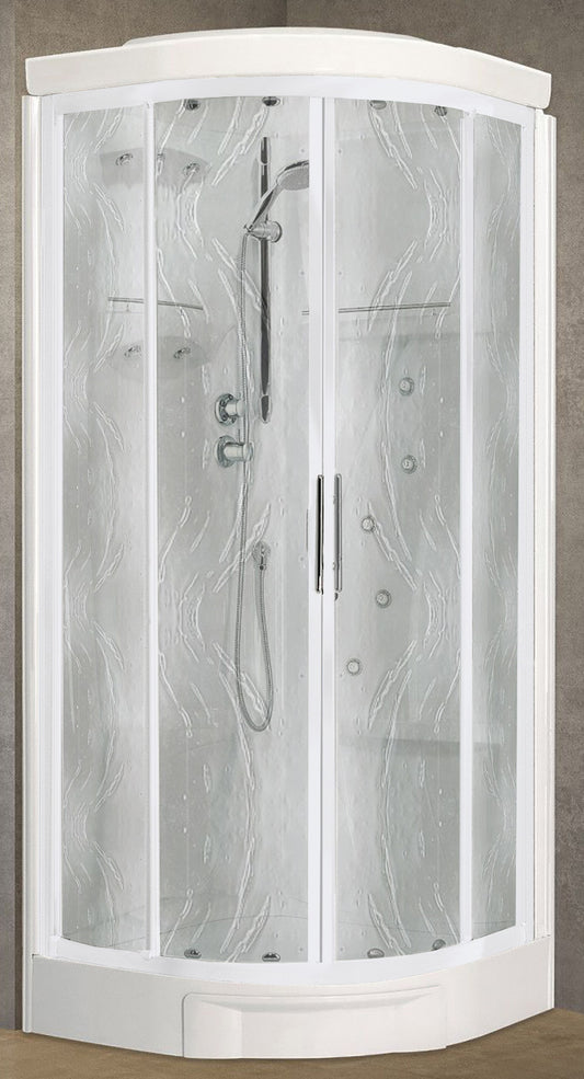 Novellini New Holiday R90 Idromassaggio Con Tettuccio e Soffione 90x90 cm Cabina Doccia Multifunzione Semicircolare 2 Ante Scorrevoli 2 Fisse Angolo Destro Sinistro Miscelatore Termostatico Vetro Aqua Profilo Bianco Asta Doccetta Rotopioggia Altezza 217cm