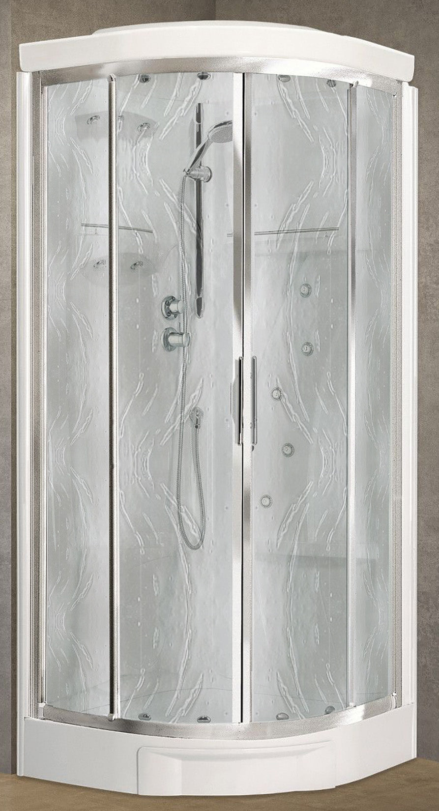 Novellini New Holiday R90 Idromassaggio Con Tettuccio e Soffione 90x90 cm Cabina Doccia Multifunzione Semicircolare 2 Ante Scorrevoli 2 Fisse Angolo Destro Sinistro Miscelatore Termostatico Vetro Aqua Profilo Silver Asta Doccetta Rotopioggia Altezza 217cm