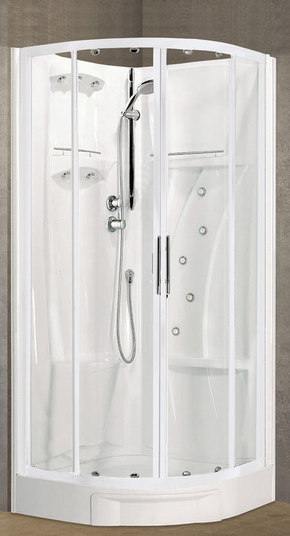 Novellini New Holiday R90 Idromassaggio 90x90 cm Cabina Doccia Multifunzione Semicircolare Apertura 2 Ante Scorrevoli 2 Fisse Angolo Destro Sinistro Miscelatore Termostatico Vetro Trasparente Profilo Bianco Piatto Ripiani Doccetta Rotopioggia Alto 206 cm