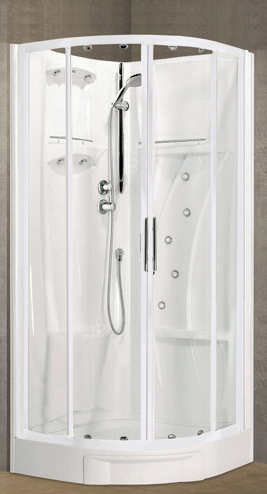 Novellini New Holiday R90 Idromassaggio 90x90 cm Cabina Doccia Multifunzione Semicircolare Apertura 2 Ante Scorrevoli 2 Fisse Angolo Destro Sinistro Miscelatore Termostatico Vetro Trasparente Profilo Bianco Piatto Ripiani Doccetta Rotopioggia Alto 206 cm