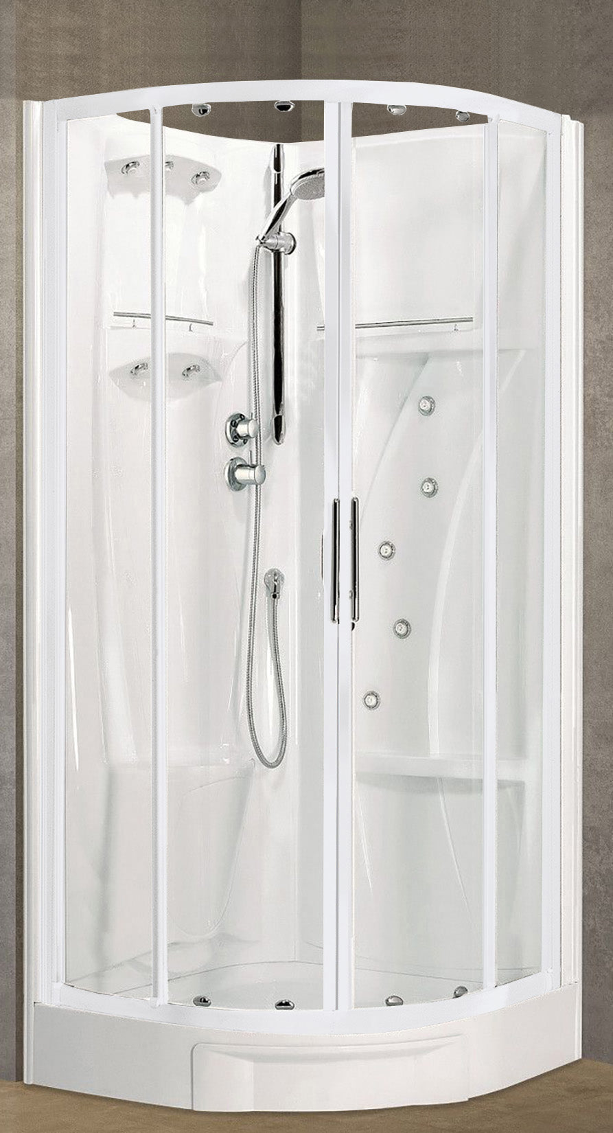 Novellini New Holiday R90 Idromassaggio 90x90 cm Cabina Doccia Multifunzione Semicircolare Apertura 2 Ante Scorrevoli 2 Fisse Angolo Destro Sinistro Miscelatore Meccanico Vetro Trasparente Profilo Bianco Piatto Ripiani Doccetta Rotopioggia Altezza 206 cm