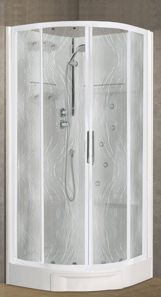 Novellini New Holiday R90 Idromassaggio 90x90 cm Cabina Doccia Multifunzione Semicircolare Apertura 2 Ante Scorrevoli 2 Fisse Angolo Destro Sinistro Miscelatore Meccanico Vetro Aqua Profilo Bianco Piatto Ripiani Doccetta a Mano Rotopioggia Altezza 206 cm