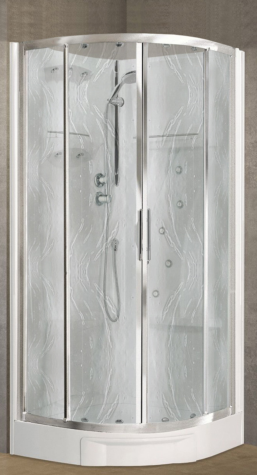 Novellini New Holiday R90 Idromassaggio 90x90 cm Cabina Doccia Multifunzione Semicircolare Apertura 2 Ante Scorrevoli 2 Fisse Angolo Destro Sinistro Miscelatore Meccanico Vetro Aqua Profilo Silver Piatto Ripiani Doccetta a Mano Rotopioggia Altezza 206 cm