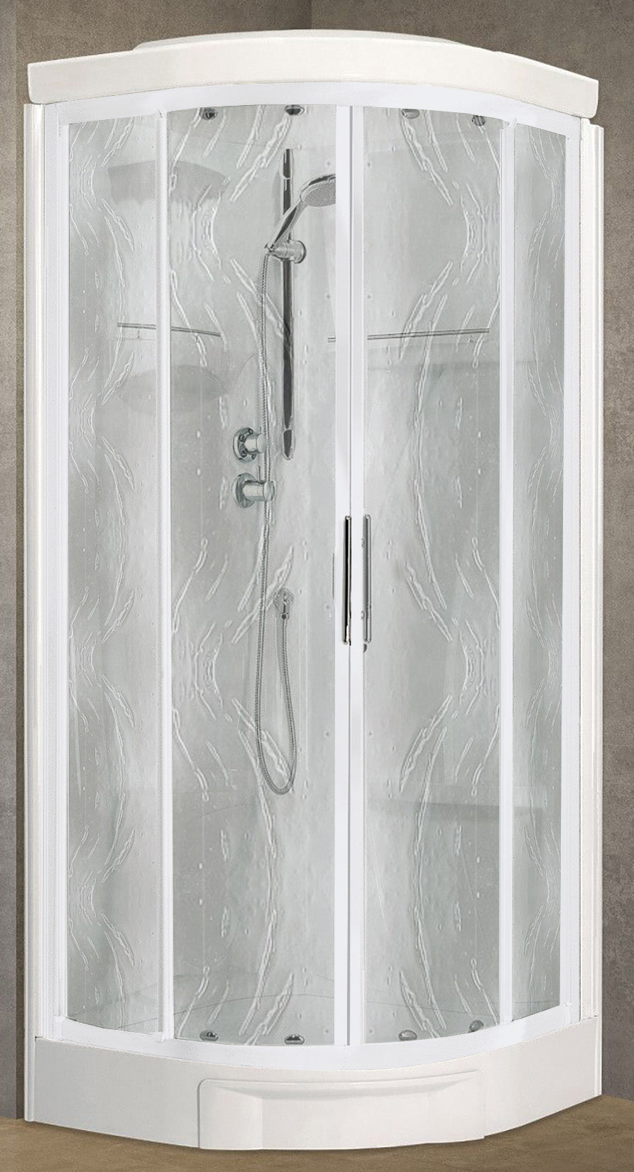 Novellini New Holiday R90 Standard Con Tettuccio 90x90 cm Cabina Doccia Multifunzione Semicircolare Apertura 2 Ante Scorrevoli e 2 Fisse Angolo Destro Sinistro Miscelatore Termostatico Vetro Aqua Profilo Bianco Piatto Ripiani Doccetta Seduta Altezza 217cm