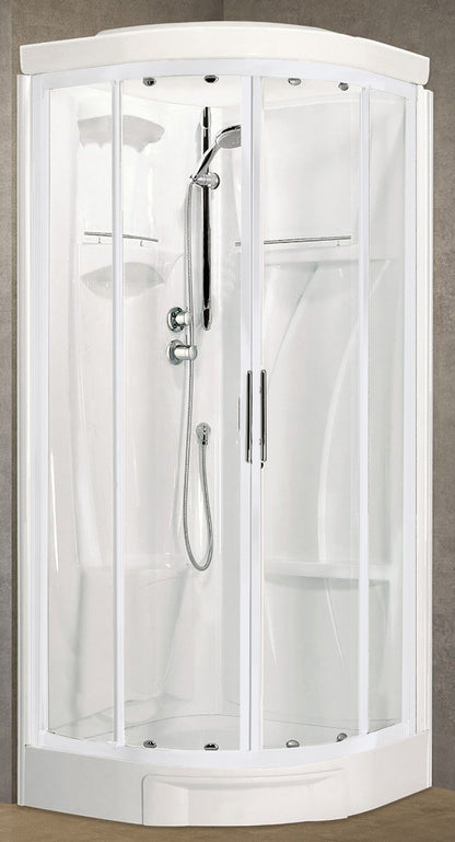 Novellini New Holiday R90 Standard Con Tettuccio 90x90 cm Cabina Doccia Multifunzione Semicircolare Apertura 2 Ante Scorrevoli 2 Fisse Angolo Destro Sinistro Miscelatore Meccanico Vetro Trasparente Profilo Bianco Piatto Ripiani Asta Seduta Altezza 217 cm