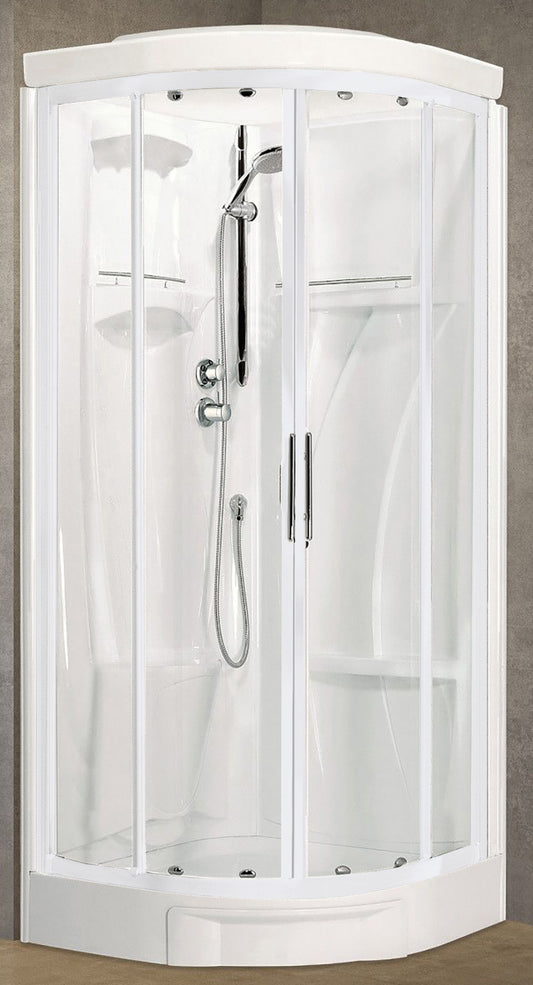 Novellini New Holiday R90 Standard Con Tettuccio 90x90 cm Cabina Doccia Multifunzione Semicircolare Apertura 2 Ante Scorrevoli 2 Fisse Angolo Destro Sinistro Miscelatore Termostatico Vetro Trasparente Profilo Bianco Piatto Ripiani Asta Seduta Alto 217 cm