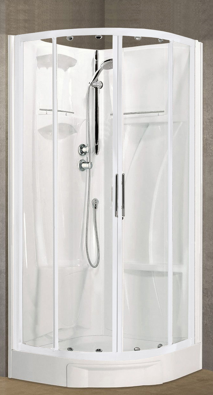 Novellini New Holiday R90 Standard 90x90 cm Cabina Doccia Multifunzione Semicircolare Apertura 2 Ante Scorrevoli 2 Fisse Installazione Angolare Destra Sinistra Miscelatore Termostatico Vetro Trasparente Profilo Bianco Piatto Ripiani Seduta Altezza 206 cm