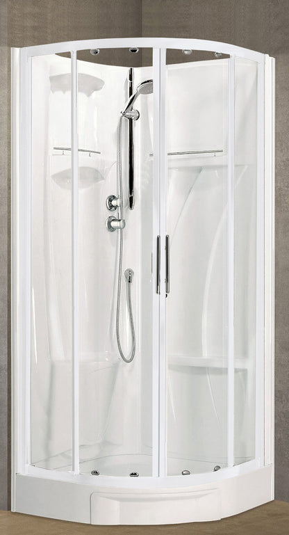 Novellini New Holiday R90 Standard 90x90 cm Cabina Doccia Multifunzione Semicircolare Apertura 2 Ante Scorrevoli 2 Fisse Installazione Angolare Destra Sinistra Miscelatore Termostatico Vetro Trasparente Profilo Bianco Piatto Ripiani Seduta Altezza 206 cm