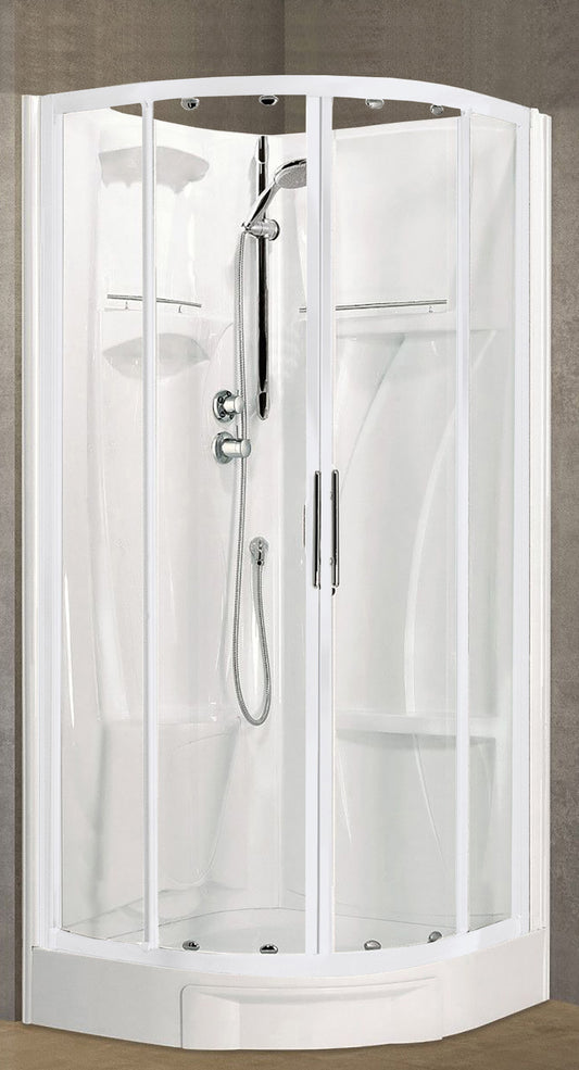 Novellini New Holiday R90 Standard 90x90 cm Cabina Doccia Multifunzione Semicircolare Apertura 2 Ante Scorrevoli 2 Fisse Installazione Angolare Destra Sinistra Miscelatore Termostatico Vetro Trasparente Profilo Bianco Piatto Ripiani Seduta Altezza 206 cm