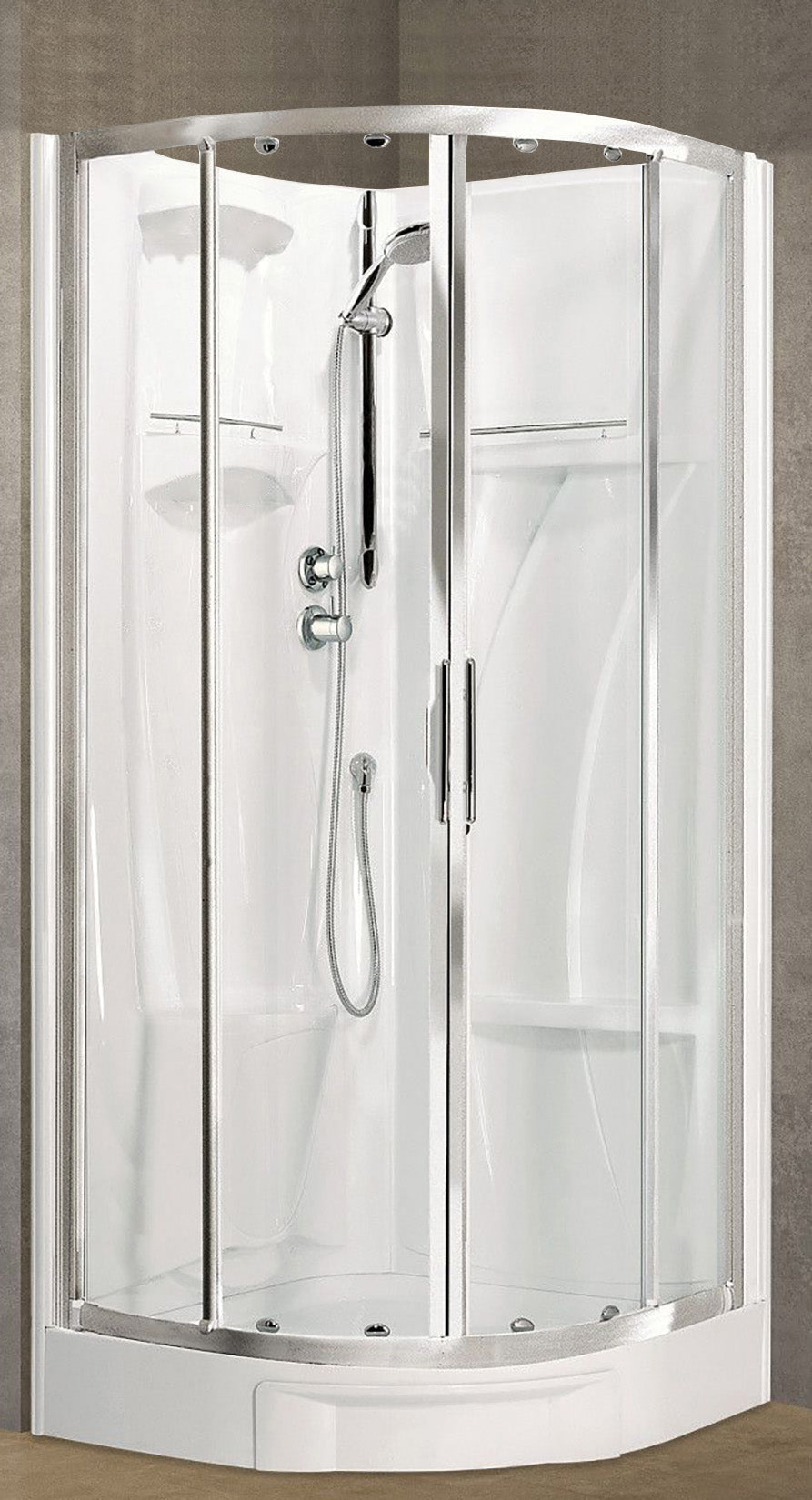 Novellini New Holiday R90 Standard 90x90 cm Cabina Doccia Multifunzione Semicircolare Apertura 2 Ante Scorrevoli e 2 Fisse Installazione Angolare Destra Sinistra Miscelatore Termostatico Vetro Trasparente Profilo Silver Piatto Ripiani Seduta Altezza 206cm