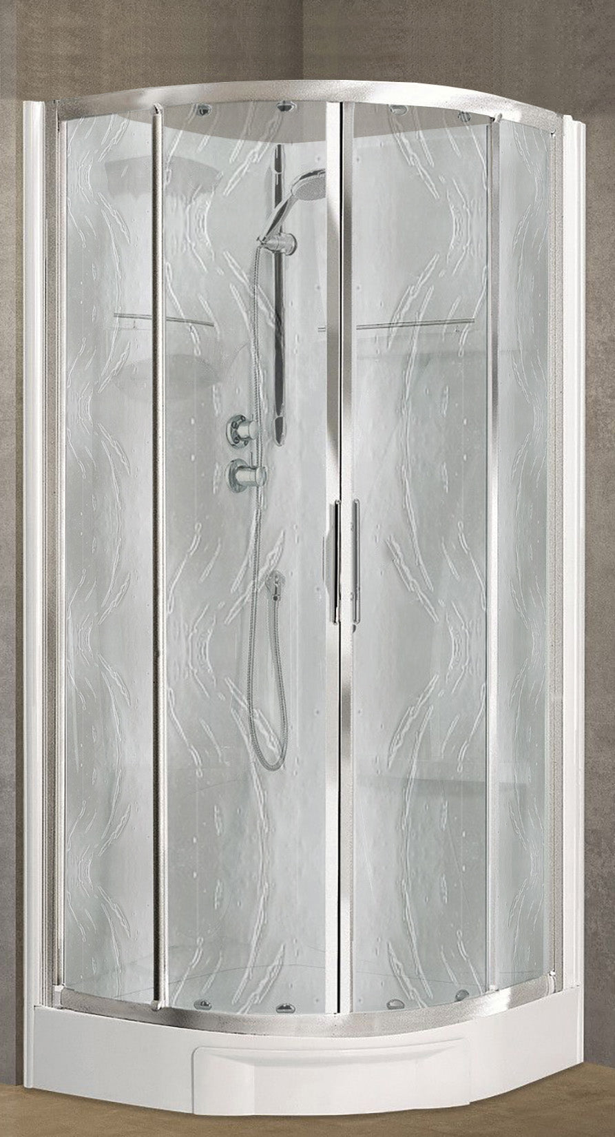 Novellini New Holiday R90 Standard 90x90 cm Cabina Doccia Multifunzione Semicircolare Apertura 2 Ante Scorrevoli 2 Fisse Installazione Angolare Destra Sinistra Miscelatore Termostatico Vetro Aqua Profilo Silver Piatto Ripiani Seduta Doccetta Altezza 206cm