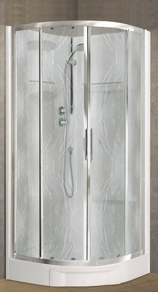 Novellini New Holiday R90 Standard 90x90 cm Cabina Doccia Multifunzione Semicircolare Apertura 2 Ante Scorrevoli 2 Fisse Installazione Angolare Destra Sinistra Miscelatore Termostatico Vetro Aqua Profilo Silver Piatto Ripiani Seduta Doccetta Altezza 206cm