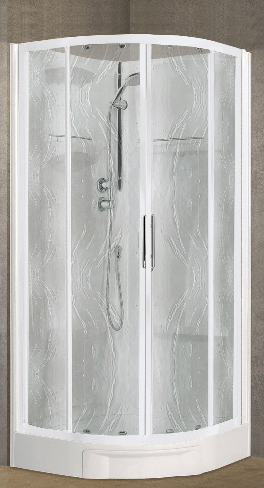 Novellini New Holiday R90 Standard 90x90 cm Cabina Doccia Multifunzione Semicircolare Apertura 2 Ante Scorrevoli 2 Fisse Installazione Angolare Destra Sinistra Miscelatore Termostatico Vetro Aqua Profilo Bianco Piatto Ripiani Seduta Doccetta Altezza 206cm