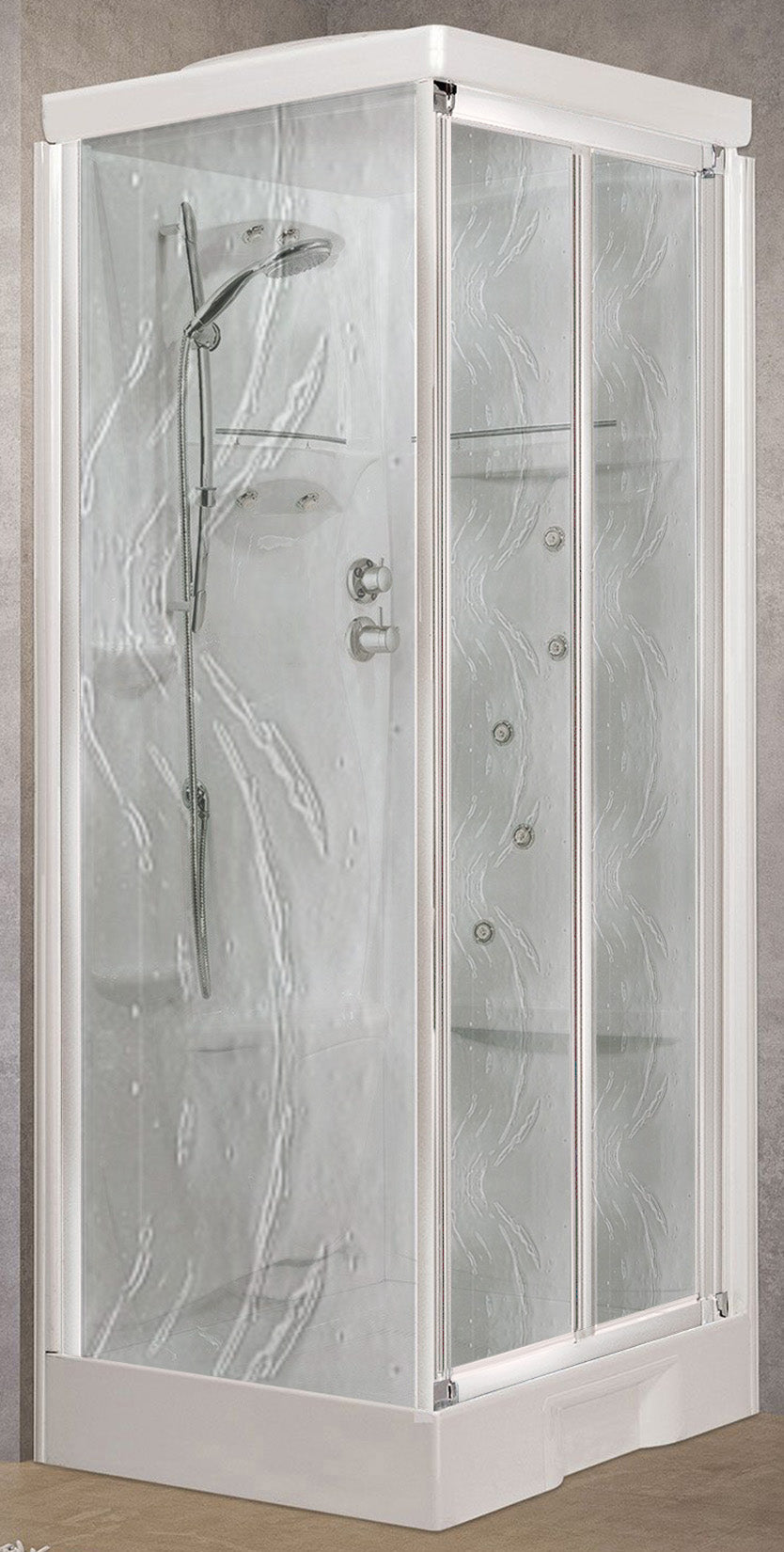Novellini New Holiday SF Idromassaggio Con Tettuccio e Soffione 100x80 cm Cabina Doccia Multifunzione Apertura 2 Ante Soffietto 1 Parete Fissa Laterale Miscelatore Termostatico Vetro Aqua Profilo Bianco Reversibile Asta Doccetta Rotopioggia Alto 217,5 cm