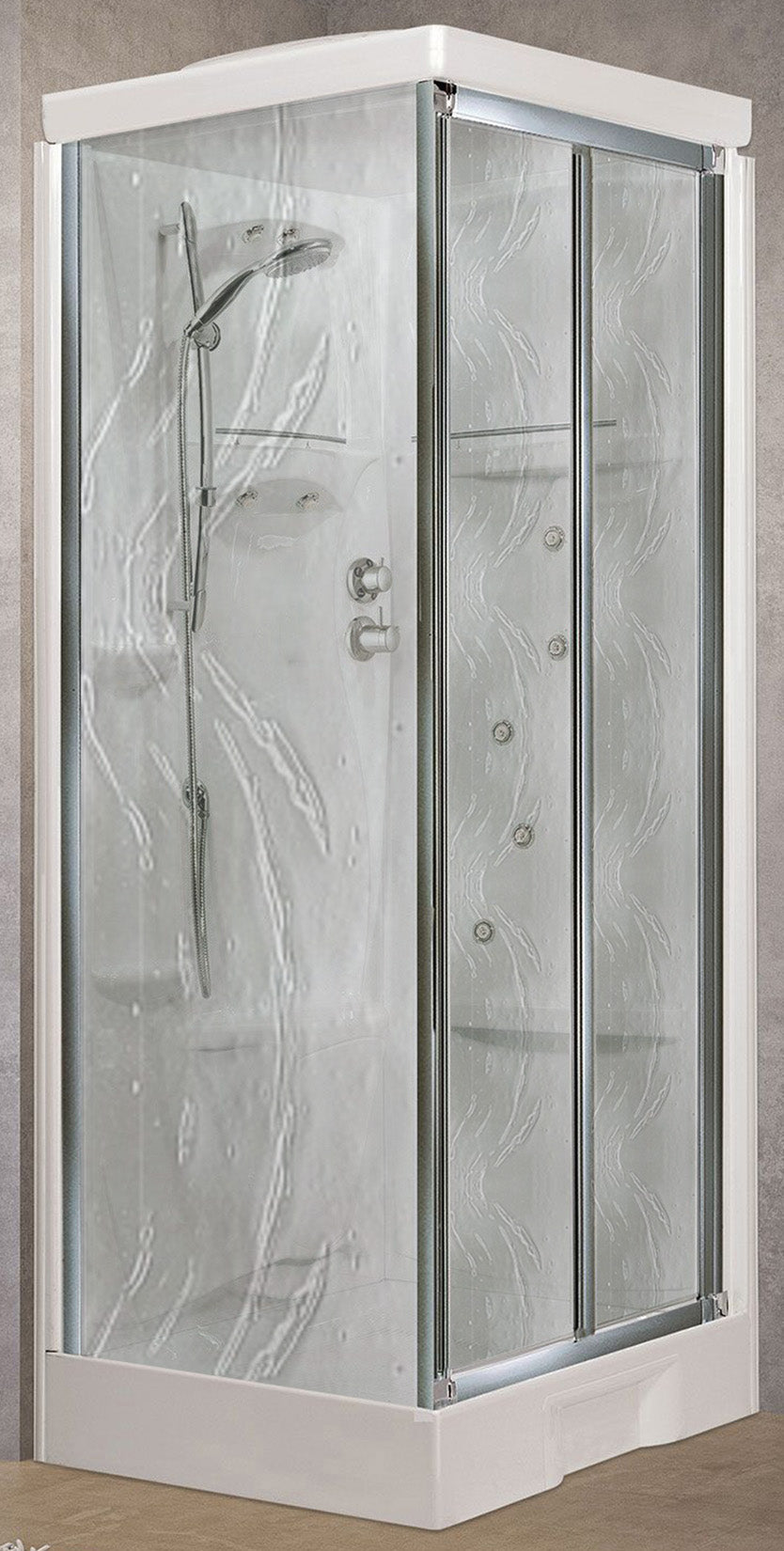 Novellini New Holiday SF Idromassaggio Con Tettuccio e Soffione 100x80 cm Cabina Doccia Multifunzione Apertura 2 Ante Soffietto 1 Parete Fissa Laterale Miscelatore Meccanico Vetro Aqua Profilo Silver Reversibile Asta Doccetta Rotopioggia Altezza 217,5 cm