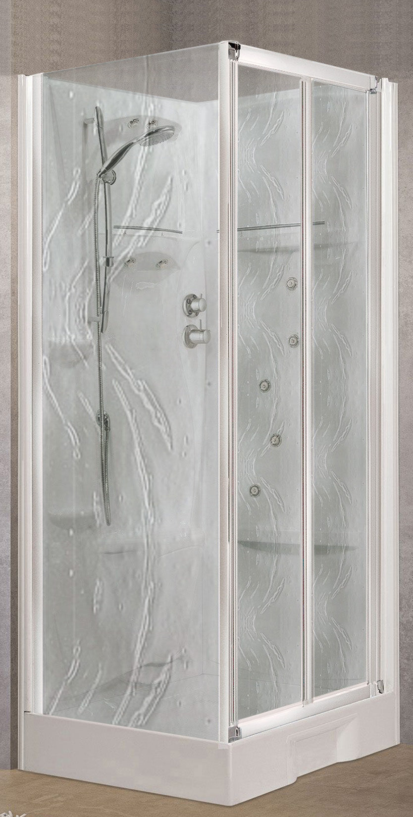 Novellini New Holiday SF Idromassaggio 100x80 cm Cabina Doccia Multifunzione Apertura 2 Ante Soffietto 1 Parete Fissa Laterale Pannelli Reversibili Miscelatore Termostatico Vetro Aqua Profilo Bianco Piatto Ripiani Asta Doccetta Rotopioggia Altezza 206 cm