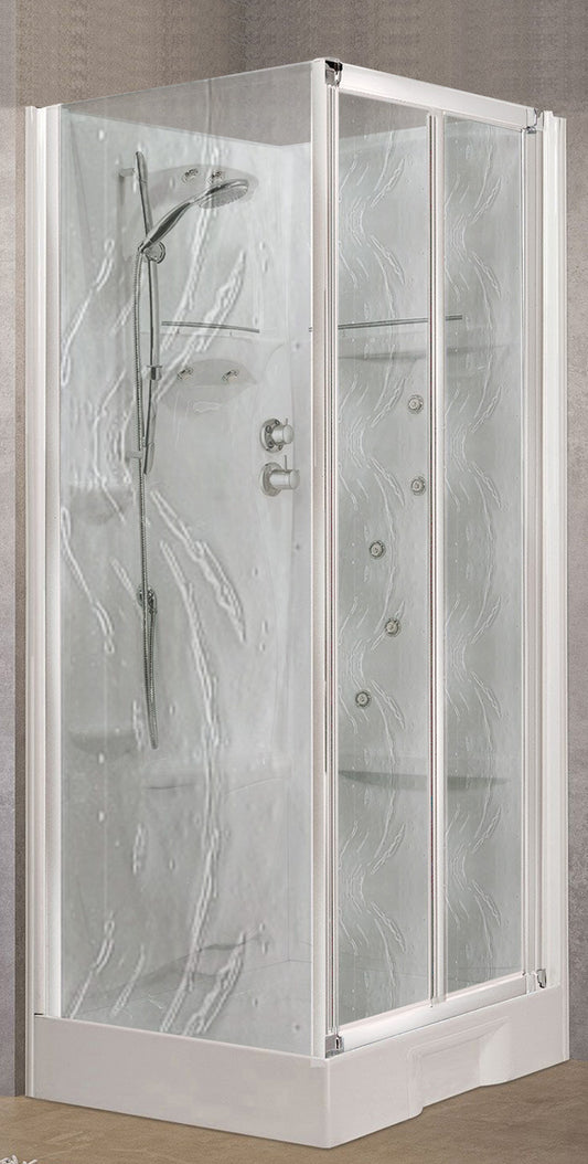 Novellini New Holiday SF Idromassaggio 100x80 cm Cabina Doccia Multifunzione Apertura 2 Ante Soffietto 1 Parete Fissa Laterale Pannelli Reversibili Miscelatore Meccanico Vetro Aqua Profilo Bianco Piatto Ripiani Asta Doccetta Rotopioggia Altezza 206 cm