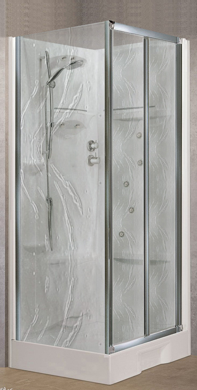 Novellini New Holiday SF Idromassaggio 100x80 cm Cabina Doccia Multifunzione Apertura 2 Ante Soffietto 1 Parete Fissa Laterale Pannelli Reversibili Miscelatore Termostatico Vetro Aqua Profilo Silver Piatto Ripiani Asta Doccetta Rotopioggia Altezza 206 cm