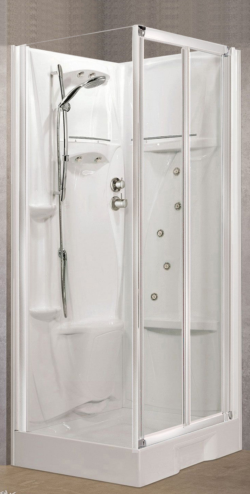 Novellini New Holiday SF Idromassaggio 100x80 cm Cabina Doccia Multifunzione Apertura 2 Ante Soffietto 1 Parete Fissa Laterale Pannelli Reversibili Miscelatore Meccanico Vetro Trasparente Profilo Bianco Piatto Ripiani Doccetta Rotopioggia Altezza 206 cm