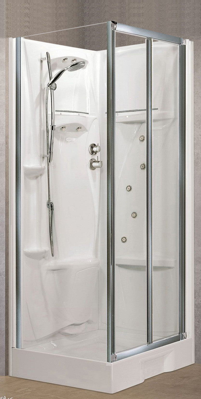 Novellini New Holiday SF Idromassaggio 100x80 cm Cabina Doccia Multifunzione Apertura 2 Ante Soffietto 1 Parete Fissa Laterale Pannelli Reversibili Miscelatore Termostatico Vetro Trasparente Profilo Silver Piatto Ripiani Doccetta Rotopioggia Altezza 206cm