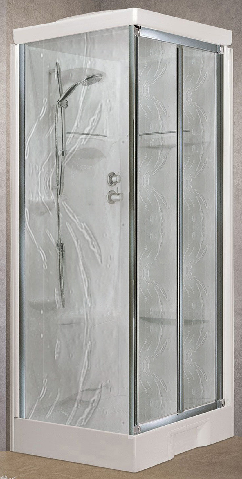 Novellini New Holiday SF Standard Con Tettuccio 100x80 cm Cabina Doccia Multifunzione Apertura 2 Ante a Soffietto Con Parete Fissa Laterale Reversibile Miscelatore Termostatico Vetro Aqua Profilo Silver Piatto Ripiani Asta Doccetta Seduta Altezza 217,5 cm