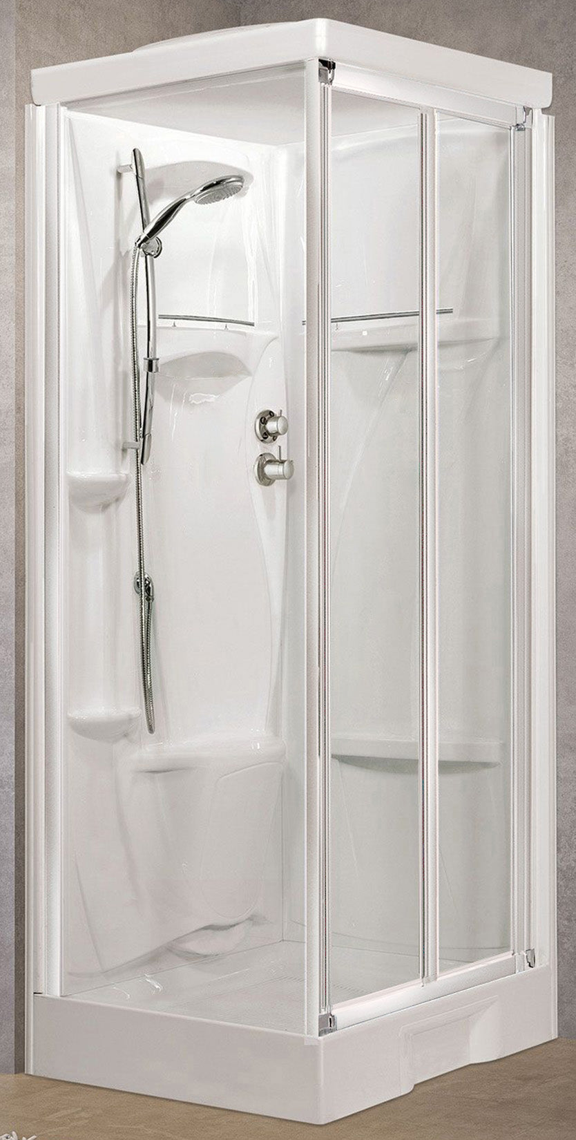 Novellini New Holiday SF Standard Con Tettuccio 100x80 cm Cabina Doccia Multifunzione Apertura 2 Ante Soffietto Parete Fissa Laterale Reversibile Miscelatore Termostatico Vetro Trasparente Profilo Bianco Piatto Ripiani Asta Doccetta Seduta Altezza 217,5cm