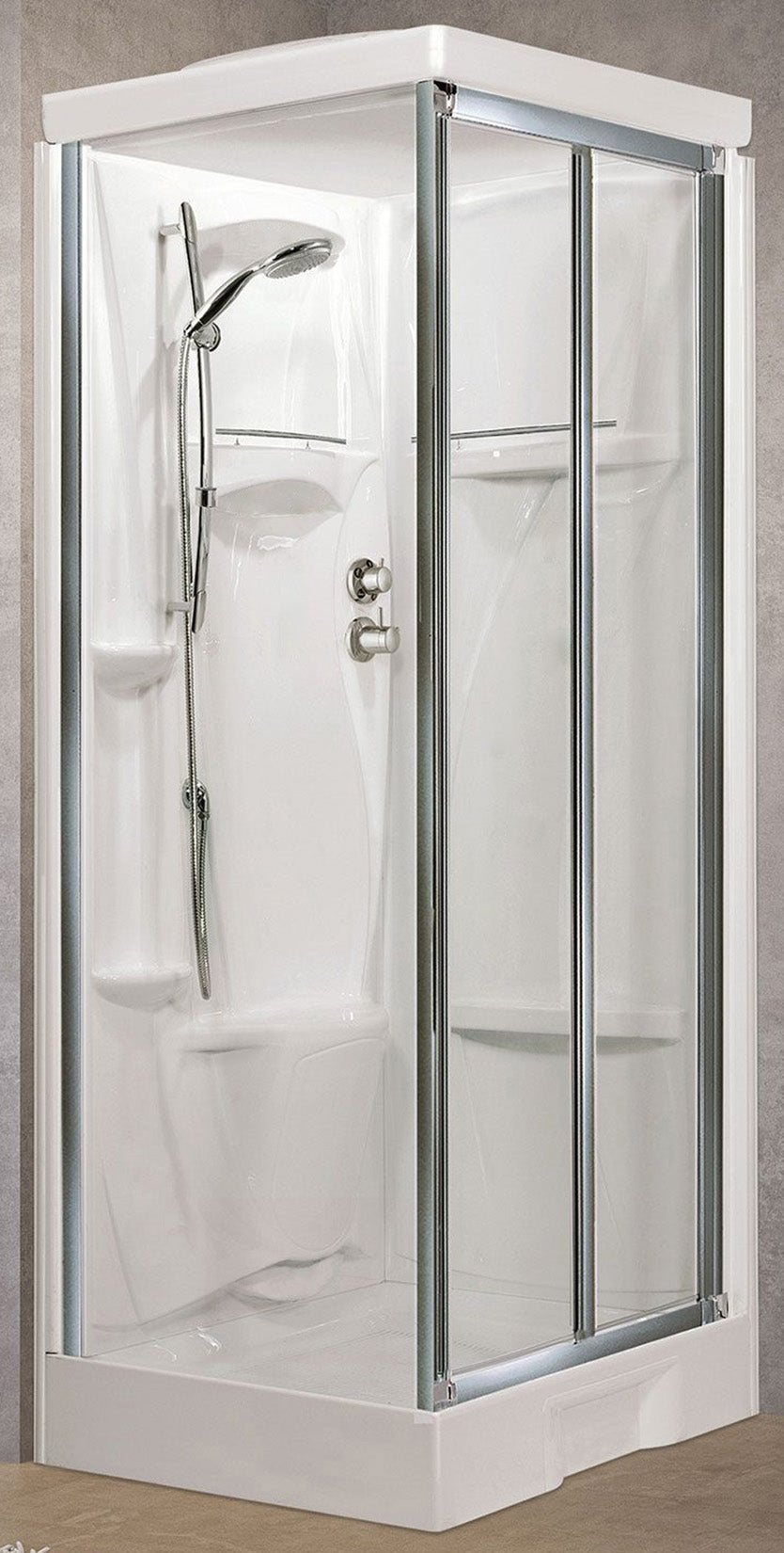 Novellini New Holiday SF Standard Con Tettuccio 100x80 cm Cabina Doccia Multifunzione Apertura 2 Ante a Soffietto Con Parete Fissa Laterale Reversibile Miscelatore Meccanico Vetro Trasparente Profilo Silver Piatto Ripiani Asta Doccetta Seduta Alto 217,5cm