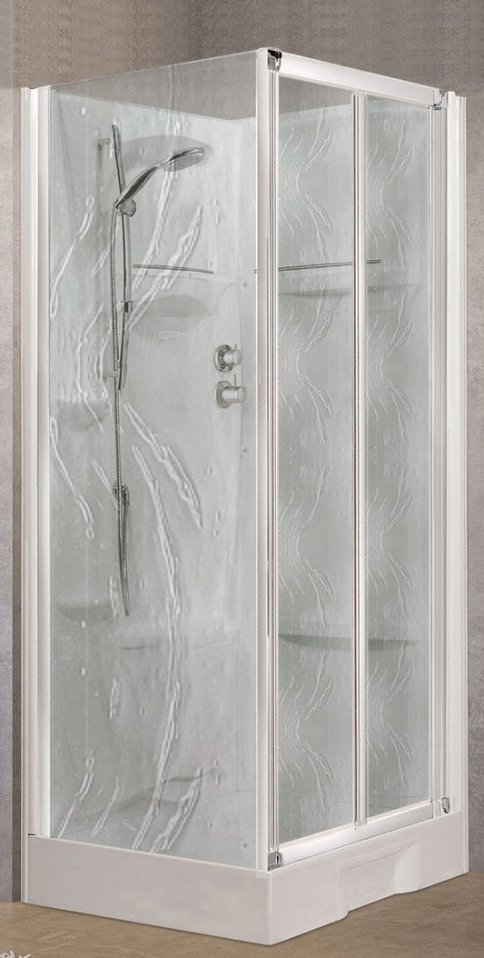 Novellini New Holiday SF Standard 100x80 cm Cabina Doccia Multifunzione Apertura 2 Ante a Soffietto Con Parete Fissa Laterale Installazione Reversibile Miscelatore Termostatico Vetro Aqua Profilo Bianco Piatto Ripiano Asta Doccetta Mano Seduta Alto 206 cm