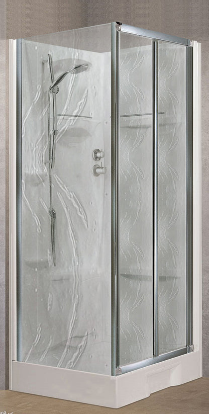 Novellini New Holiday SF Standard 100x80 cm Cabina Doccia Multifunzione Apertura 2 Ante a Soffietto Con Parete Fissa Laterale Installazione Reversibile Miscelatore Meccanico Vetro Aqua Profilo Silver Piatto Ripiano Asta Doccetta Mano Seduta Altezza 206 cm