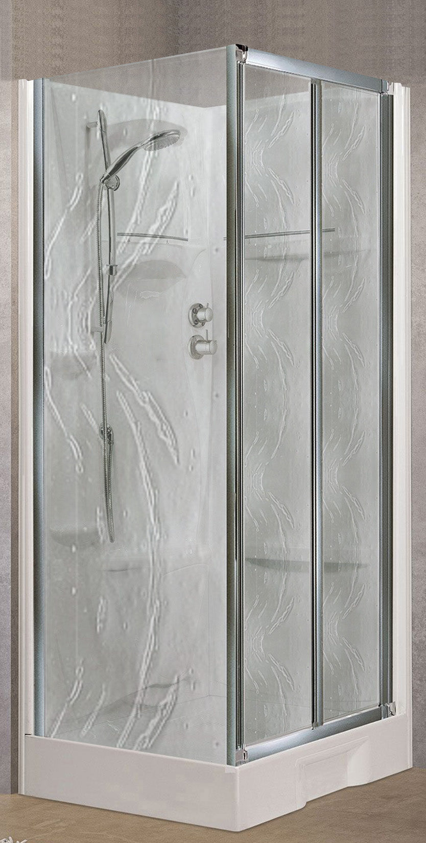 Novellini New Holiday SF Standard 100x80 cm Cabina Doccia Multifunzione Apertura 2 Ante a Soffietto Con Parete Fissa Laterale Installazione Reversibile Miscelatore Termostatico Vetro Aqua Profilo Silver Piatto Ripiano Asta Doccetta Mano Seduta Alto 206 cm