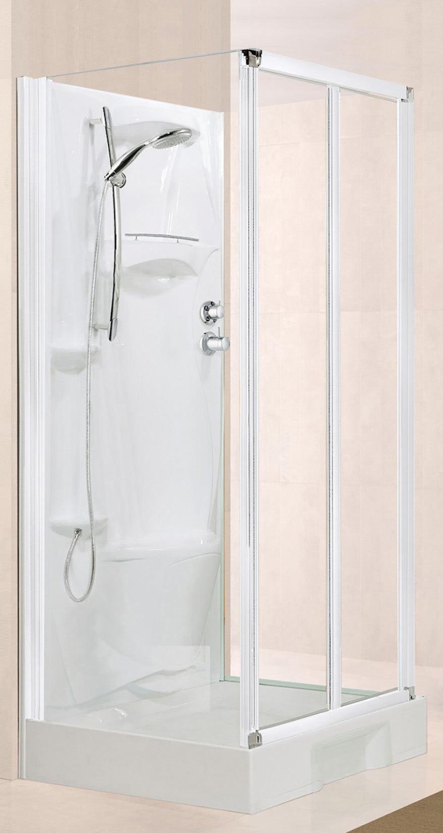 Novellini New Holiday S2F Standard 100x80 cm Cabina Doccia Bagno Asimmetrica Multifunzione Apertura 2 Ante Soffietto e 2 Fisse Laterali Installazione Muro Miscelatore Termostatico Vetro Trasparente Profilo Bianco Piatto Ripiani Doccetta Seduta Alto 206 cm