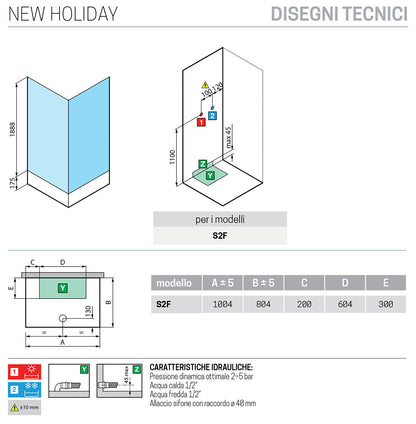 Novellini New Holiday S2F Standard 100x80 cm Cabina Doccia Bagno Asimmetrica Multifunzione Apertura 2 Ante Soffietto e 2 Fisse Laterali Installazione Muro Miscelatore Meccanico Vetro Aqua Profilo Silver Piatto Ripiani Doccetta a Mano Seduta Altezza 206 cm