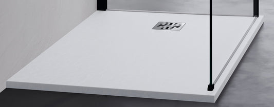 Novellini Novomatt Piatto Doccia 80x80 Spessore 3 cm Bianco Opaco Ultrapiatto Sottile Slim Forma Quadrata Installazione Appoggio Sagomabile Tagliabile Resistente Materiale Mineralsolid Superficie Texture Effetto Pietra Compreso Copripiletta