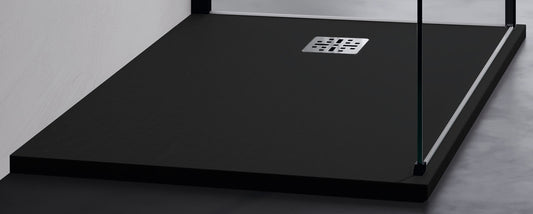 Novellini Novomatt Piatto Doccia 80x80 Spessore 3 cm Colore Nero Antracite Ultrapiatto Sottile Slim Forma Quadrata Installazione Appoggio Sagomabile Tagliabile Resistente Materiale Mineralsolid Superficie Texture Effetto Pietra Compreso Copripiletta