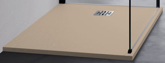 Novellini Novomatt Piatto Doccia 90x90 Spessore 3 cm Colore Tortora Ultrapiatto Sottile Slim Forma Quadrata Installazione Appoggio Sagomabile Tagliabile Resistente Materiale Mineralsolid Superficie Texture Effetto Pietra Compreso Copripiletta
